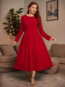 SHEIN Clasi Damen-Midi-Kleid in Große Größen aus dehnbarem rotem Stoff mit Rundhalsausschnitt und Langarm, einfach und lässig, geeignet für Herbst und Winter, Weihnachten, Ausgehen, Urlaub, Weihnachtskleidung für Frauen