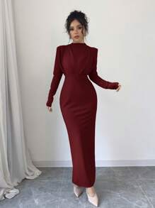 Firerie Women's Gathered Shoulder Pad Long Sleeve Dress