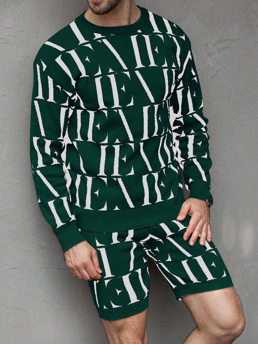 Manfinity Homme Men's Round Neck Long Sleeve Minimalist Pattern Detail Top And Shorts Set - Dark Green - View 1