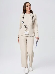 Scrubzie 2pcs Set Wrinkle-Resistant Moisture Wicking Long Sleeve Women Scrub Uniform Top And Pants, Autumn/Winter