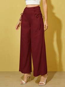 SHEIN Essnce Women's Solid Color Side Tie Waist Loose Wide Leg Casual Woven Long Pants