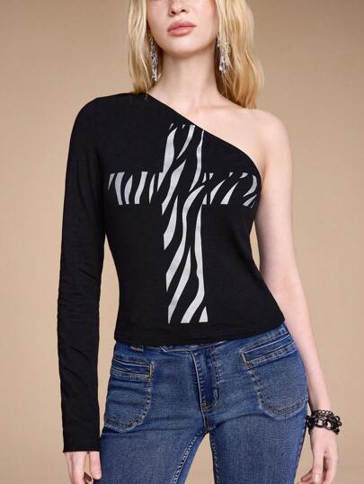 Grunge Punk Y2K Sexy Gyaru Zebra Cross Print Asymmetrical Asymmetric Open Shoulder Tight Fitting T-Shirt