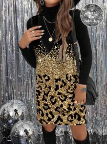 SHEIN LUNE Women Casual Simple Style Mini Dress With Glitter Leopard Print, Suitable For Autumn/Winter