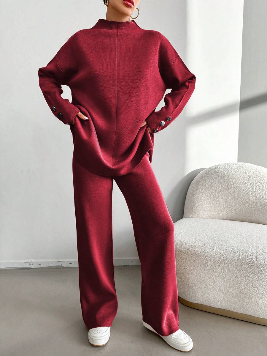 EURMUSE Women's Casual Solid Color Sweater And Legging Two-Piece Set, Autumn/Winter - Burgundy - View 1