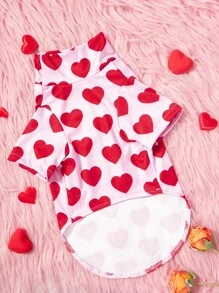 PETSIN 1pc Valentine's Day Dog T-Shirt, Pink With Red Heart Print, Stretchy High Neck, Comfortable Casual Pet Clothing - Multicolor - View 3