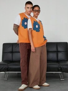 Manfinity Unisex Unisex kwiatowy wzór bezrękawnik z dekoltem w serek, dzianinowy, odpowiedni do noszenia na ulicy, jesień/zima