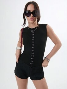 SHEIN Unity Spring-Summer Stylish Tank Top- Style Cut Hook And Eye Down Front Top
