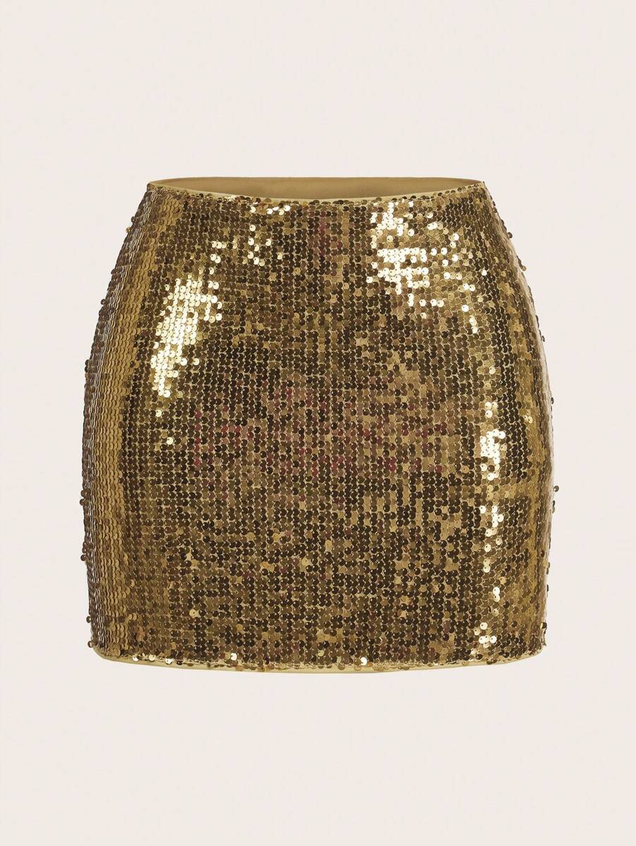 SHEIN ICON Women Sparkly Sequin Decorated Simple A-Line Skirt, Casual Everyday Wear
