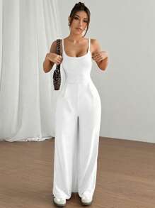 Flirla Women's Solid Color Spaghetti Strap Casual Loose Fitting Straight Leg Jumpsuit