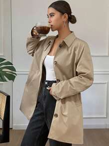 Livesso Abrigo de mujer tipo gabardina de corte holgado con parches de colores contrastantes, ropa de otoño