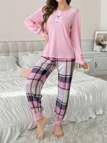 Women's Solid Color Button Front Long Sleeve Top And Pants Pajama Set, Simple - Multicolor - View 6