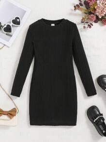 2 Stücke Tween Mädchen Gestrickt Einfarbig Rundhalsausschnitt Tailliertes Casual Langarm Kleid