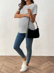 SHEIN Pregnant Women's Striped Round Neck Short Sleeve T-Shirt, Casual Everyday Wear - Black and White - View 5