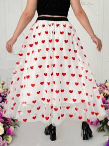 Sunnyshic Falda larga elegante de malla con diseño de corazón para tallas grandes para el Día de San Valentín