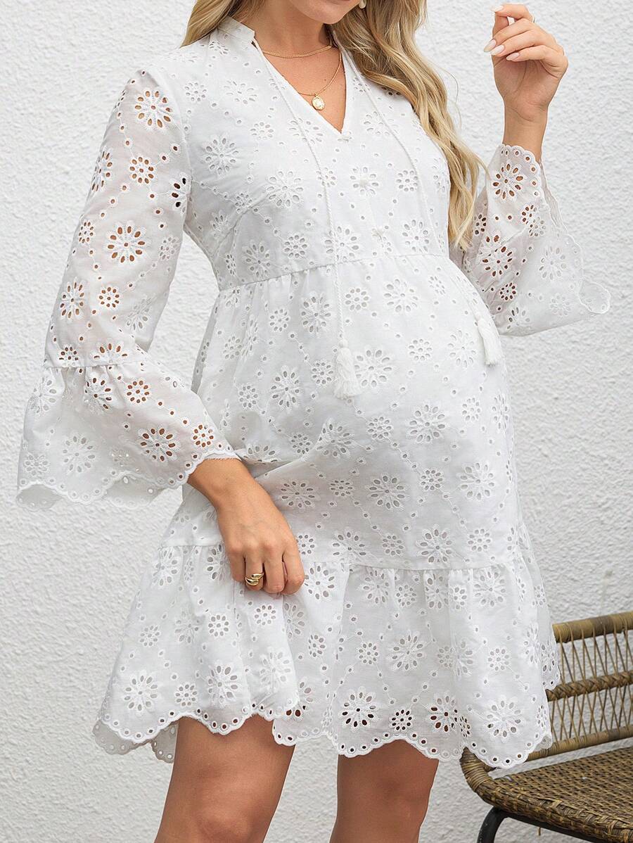 SHEIN Women's Plain V-Neck Short Sleeves Textured Pleated Maternity Dress, Summer - White - View 1