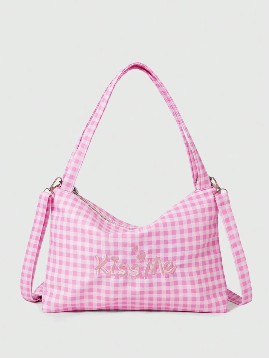 SHEIN MOD 时尚对比格纹单肩手提包 - 粉色 - 查看 1
