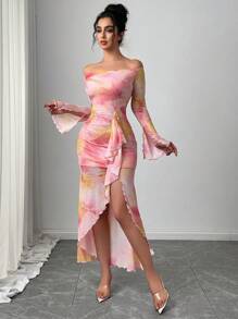 Firerie Vestido maxi elegante y romántico, único para el Día de San Valentín, con hombros descubiertos, mangas de campana, estampado de teñido anudado en degradado rosa, efecto encaje y cintura ajustada con abertura lateral, para una cita sofisticada