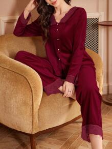 Retro V-Neck Lace Patchwork Pearl Button Decorated Velvet Long Sleeve Top And Pants Set - Red - View 5