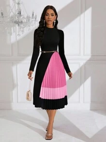 Lyxana Vestido de punto midi con pliegues y empalmes para mujeres