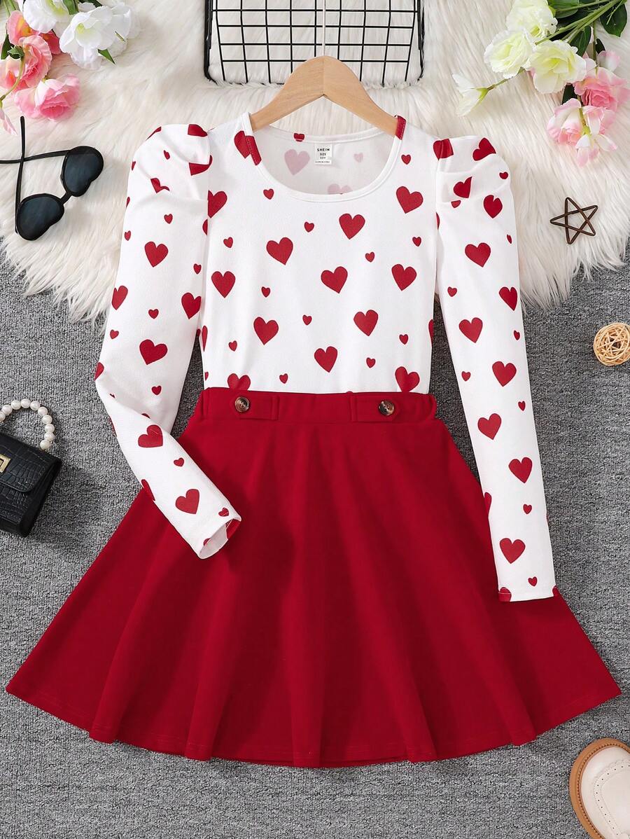 SHEIN Tween 女童休闲舒适心形印花羊腿袖上衣和 A 字裙 2 件套 - 紅色 - 查看 1