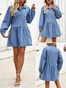 SHEIN LUNE Women Front Button Long Sleeve Pleated Casual Denim Mini Dress
