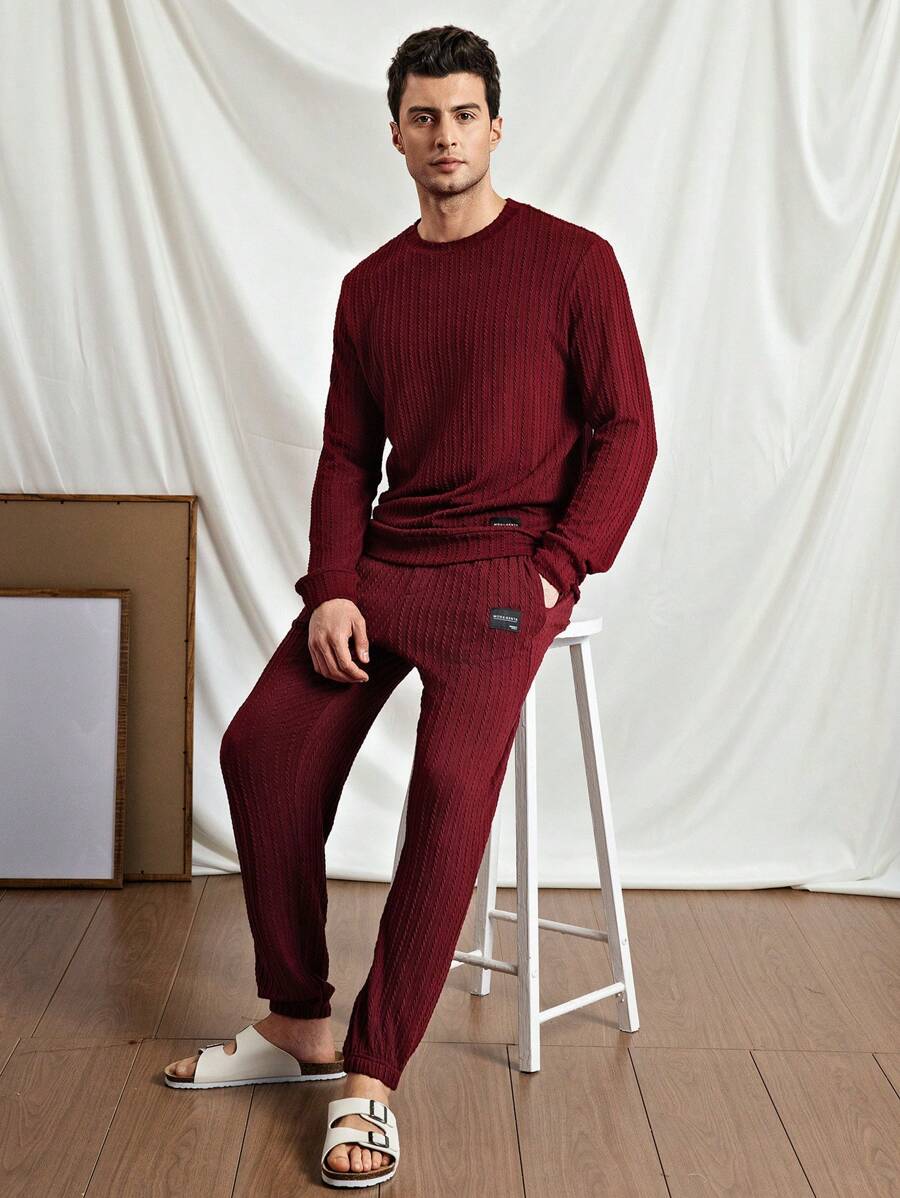 Manfinity VCAY 2pcs Men's Knitted Intarsia Loose Drop Shoulder Crew Neck Long Sleeve Sweatshirt Set, Casual Fit For Everyday Wear, Autumn - Burgundy - View 1