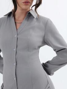 SHEIN Unity 优雅领口长袖迷你衬衫裙，带包裹面板 - 灰色 - 查看 4