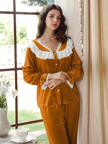 Women's Solid Color Front-Button Placket Long Sleeve Minimalist Pajama Top And Pants Set - Yellow - View 5