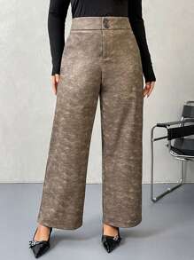 SHEIN Privé Plus Size Women Comfortable Casual Elegant Button Denim Effect Polyester PU Leather Pants For Party,Modern Music Festival, Autumn/Winter - Brown - View 4