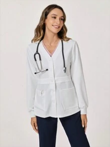 TaskEZ Women Scrub Uniform V-Neck Simple With Pockets Open Front Jacket, Autumn - White - View 4