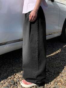 DAZY 女式复古破洞直筒牛仔裤，四季皆宜，宽松牛仔裤 - 黑色 - 查看 3