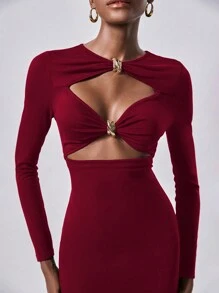 Lumivelle 女士金属装饰优雅针织紧身长裙、派对和晚装、秋冬 - 酒紅色 - 查看 5