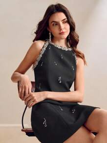 Anewsta Vestido de gala de lujo bordado con detalles de perlas, diseño blanco único y exclusivo para mujeres