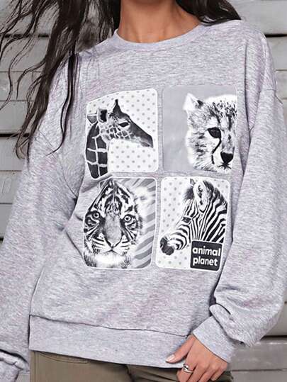 Animal Planet X SHEIN Women's Casual Cute Animal Print Dropped Shoulder Sweatshirt, Autumn/Winter