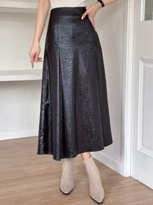 DAZY Women's Satin Textured Long Pleated A-Line Skirt