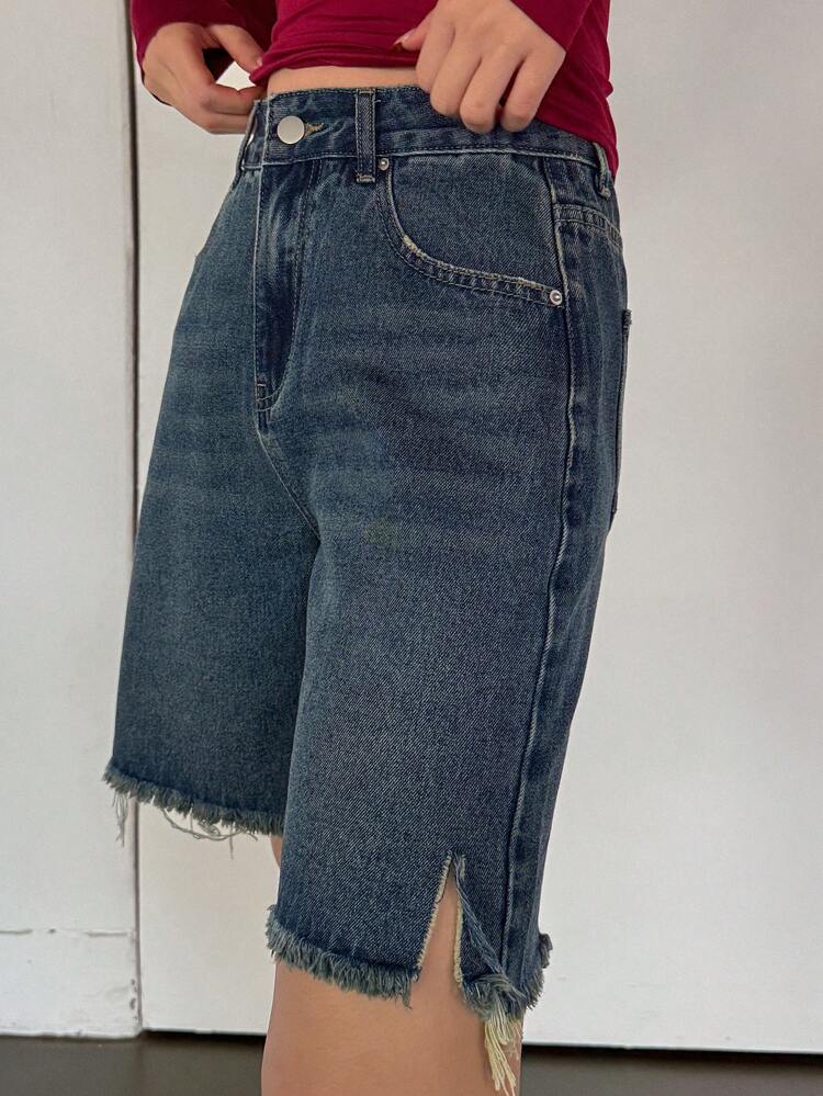 Women's Frayed Edge Knee Length Denim Shorts, Casual And Fashionable For Daily Wear Jorts