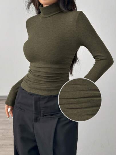 SHEIN EZwear 大码女式纯色高领长袖褶饰修身休闲T恤