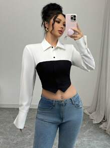 SHEIN Unity Colorblock Short Women's Shirt, Black And White Contrast Shirt - Black and White - View 3