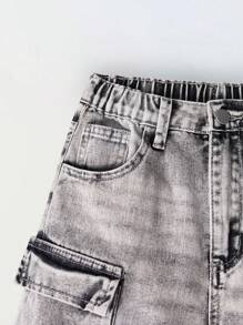 Tween Boy Front Button Multiple Pocket Simple Style Denim Shorts, Casual For Daily Wear, School, Campus, College - Grey - View 4