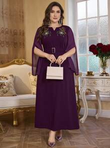 Modelyn Plus Size Chiffon & Knitted V-Neck Embroidered Straight Dress With Tie Waist, Elegant Long Dress - Purple - View 4