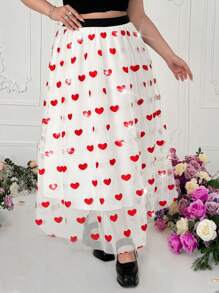 Sunnyshic Falda larga elegante de malla con diseño de corazón para tallas grandes para el Día de San Valentín