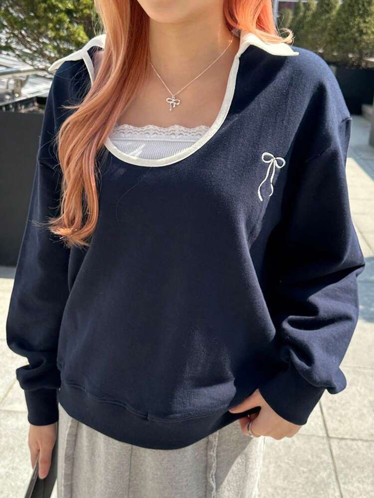 Women's Bow Embroidery Contrast Color Patchwork Loose Fit Sweatshirt,Fall Clothes
