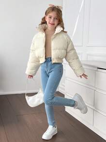 SHEIN Abrigo acolchado corto holgado con cuello alto para niñas preadolescentes, cómodo y cálido, de estilo casual