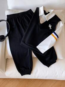 2 pièces Vêtements pour jeunes garçons et jeunes garçons. Décontracté, confortable, épais et chaud. Avec ruban et petit motif décoratif. Ensemble 2 en 1 de polo à capuche et pantalon, en noir et blanc. Convient pour aller à l'école, pour une utilisation quotidienne et décontractée, pour les fêtes d'anniversaire, les cérémonies d'ouverture. Adapté pour l'école, les voyages, les sports, l'automne et l'hiver. - bleu indigo - Voir 3