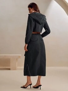 Anewsta Fashionable Sporty Casual Black Hoodie And Skirt 2pcs Suit For Women - Black - View 3