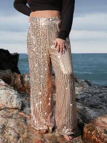 SHEIN VCAY Pantalones anchos elegantes con cintura elástica, adornados con perlas para mujer talla grande. Ropa de Navidad para mujer, ropa de invierno navideña, ropa estilo Y2K, conjunto de mujer para año nuevo, atuendo de vacaciones, pantalones brillantes y con lentejuelas, trajes de rave, ropa de festival, pantalones estilo Y2K, atuendo del Día de San Valentín, ropa románica