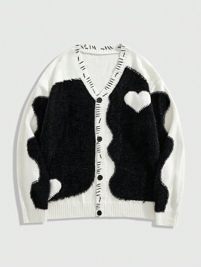 Street Life Herren V-Ausschnitt Jacquard Herzmuster Strick Cardigan Pullover