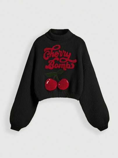 Fairycore كنزة صوفية كاجوال بأكمام فوانيس وياقة عالية مطرزة برسمة الكرز، أسلوب كلاسيكي للسيدات ملائم للكلية للحفلات أو المناسبات