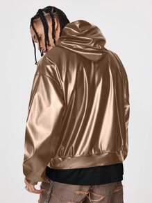 Manfinity VCAY Men's Leather Loose Long Sleeve Letter Embossed Hoodie, For Fall Winter