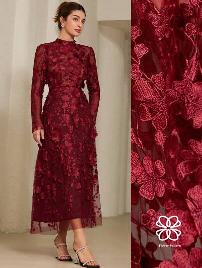 Aveloria Rosie Elegant Romantic 3D Floral Embroidery Dress With Stand Collar And Cinched Waist, Luxury Party Wear For Spring, Valentine's Day Fall Cloth For Women